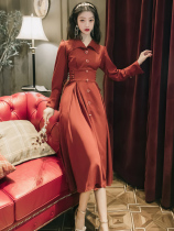 Dress autumn new red French retro Hepburn dress stand collar temperament big swing skirt long skirt waist