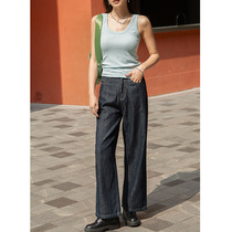 2021 spring Korean vintage style wide leg pants dark blue loose thin jeans women dark straight pants