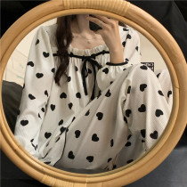 Special pick ~ ins retro heart Korea autumn and winter square collar wooden ear bubble sleeve pants pajamas home clothing