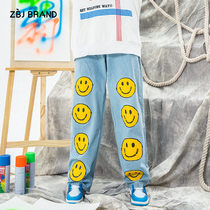 ZBJ smiley face printed jeans mens and womens Tide brand loose pants Korean trend trousers Haren pants National Tide pants