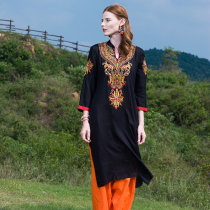 Indian imports Miansilk embroidery medium long style female blouses black spring and autumn style traditional display of thin ethnic wind new products