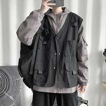 Autumn harbor wind Joker fake two hooded tooling jacket men trend ins hip hop loose casual function jacket