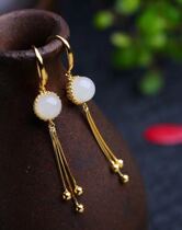 s925 silver inlaid natural Xinjiang Hetian White Jade transfer beads earrings 8mm round beads ear hook fairy full of gas
