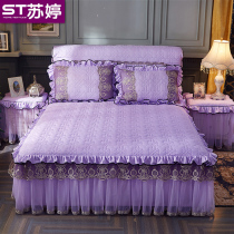 European lace cotton cotton bed skirt bedspread single piece thickened autumn and winter solid color three four piece bed set non-slip protective cover