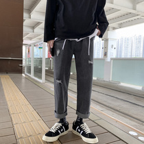Autumn retro rump handsome tide flow hole jeans men loose straight trendy brand Joker ins Korean version of ankle-length pants