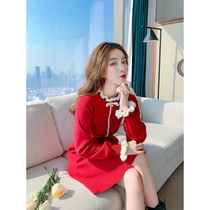 Early autumn 2021 red womens knitted dress long waist temperament spring autumn skirt small man