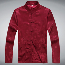 Dragon Chinese style summer men's silk embroidered long-sleeved shirts