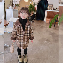 OKAIDI France Childrens Korean Air Korean version plus velvet plaid girls wow coat girls fur coat autumn and winter long