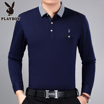  Playboy mens long-sleeved t-shirt spring and autumn lapel bottoming shirt Dad autumn top loose men middle-aged and elderly