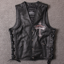 Punk Rock leather vest Mens sleeveless Cowhide Motorcycle vest Leather cross embroidery skull jacket