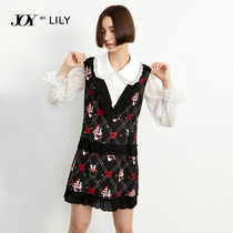 (POPMART joint style)LILY winter new womens retro ruffle V-neck strap dress