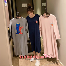 soft honeys Sesame Street Kaws Sleeping Dress Lady Spring Autumn Pure Cotton Long Sleeve Cute Long Skirt Loose Pajamas