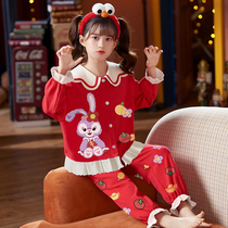 Girls' Pajamas New Year's Spring and Autumn Pure Cotton Sleeves Children's Red Burns Set Adolescent Girl Cartoon Set