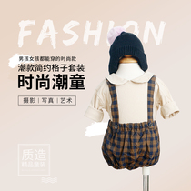 Korean version of childrens photography clothing 100 days childrens checkered back with pants on camera to write real clothing