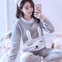 Large size pajamas female winter coral velvet thickened flannel warm autumn winter students Korean cute home clothing set