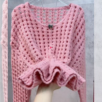 Honey color xuan lazy wind sweater womens 2022 autumn and winter new hollow pink sweater tops high-end sense tops