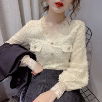 Korean version 2020 spring thin long-sleeved lace top wild fashion hollow-out V-neck Foreign style base shirt jacket women