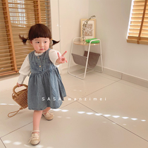 SASAs meatball girl girl dress 2021 spring and autumn new childrens denim skirt Western style baby strap skirt