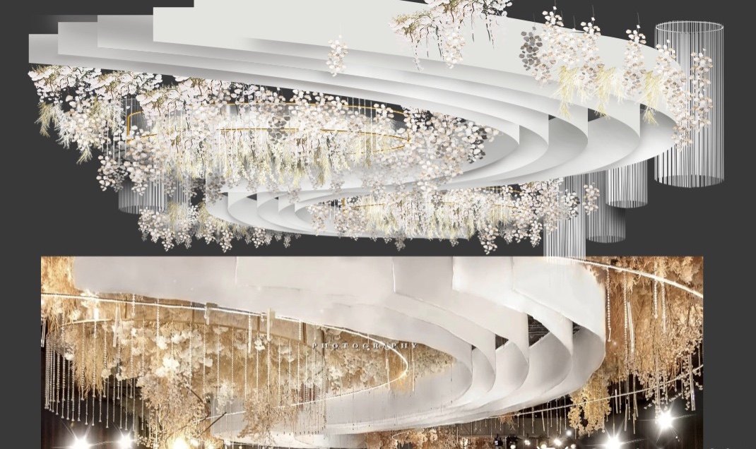White champagne color full hall ceiling veil ring Genting yarn S-shaped wedding renderings PSD source file wedding