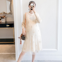 Pregnant womens autumn suit sweet sling mesh dress autumn and winter fashion base knitted dress two-piece autumn dress