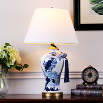 New Chinese lamp Bedroom bedside living room Hotel club decoration Blue and white hand-painted works collection Light luxury lamps