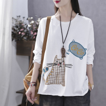 Han Soyi retro art autumn new long sleeve T-shirt female loose bf lazy wind cloth embroidered flower cat top