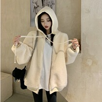 Two-sided lamb coat women winter 2021 New Korean version of loose casual hooded short velvet padded top