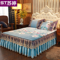 Nordic lace ice silk mat three-piece bed skirt summer cool mat thick non-slip bedspread Big Red Wedding