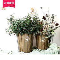 (Mountain Tree) Iron Bucket Retro with hemp cloth Contained Iron Basket Iron Art Flower Barrel Vase Floral Flower inserts Decorative Nostalgia