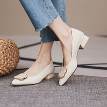 Coarse heel single shoes Spring and Autumn 2021 New French pointed shallow square button middle heel womens shoes a pedal milk shoes