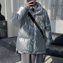 Port Wind Trendy Collar Pu Leather Bright Face Cotton Clothes Thickened Mesh Infrared Cover Male Fried Street Lover Dress Winter Dress Cotton Suit Grey