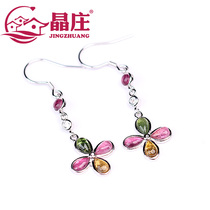 Natural tourmaline earring female temperament long s925 silver inlaid Net Red fashion simple Clover ear ornaments