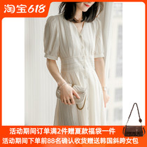 Fan-style white one-piece dress woman 2022 Summer new gentle wind and thin temperament with long V collar high waist a word dress