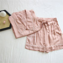 Retro small tip collar ice silk pajamas women Summer silk short sleeve shorts loose simple little lady home suit