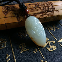 Natural jade Hetian green and white jade with skin seed material God of wealth pendant Mens and womens jade necklace Jade pendant pendant with certificate