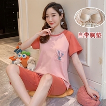 Pajamas women with padded chest summer with chest pad pajamas women Summer set 2021 new students Korean version of loose home clothes outside