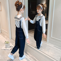Next win girls autumn suit 2021 new foreign style in the big boy denim backpack pants childrens two-piece tide
