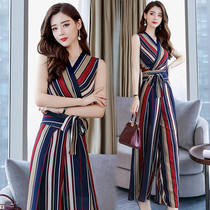 Summer 2020 new fashion striped two-piece suit culottes Korean edition high waist hanging wide leg pants chiffon suit women