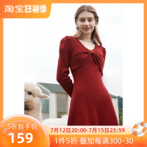 Three colors 2022 Spring and autumn new self-collection waist one-piece dress comeback style butterfly knot V collar knit skirt Temperament Woman