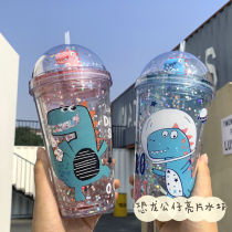 Net red ins dinosaur doll straw plastic water Cup male and female students Korean cute drop-proof cup large capacity