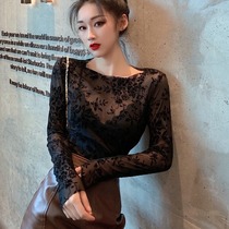 2021 summer new sexy sunscreen round neck T-shirt black lace foreign style base shirt wild slim top women