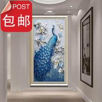 String off decorative painting Corridor hanging 3 paintings European entrance Living room Dining room mural study Nordic decorative painting Blue peacock