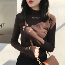 2022 autumn winter new semi-high-collar bottom-shirt female body embroidered pure colour long sleeve T-shirt female blouses
