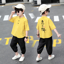 Boys summer suit handsome 4 cotton and linen 5 summer 6 foreign style childrens short-sleeved childrens clothing Boys linen clothes 7-year-old tide