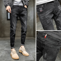 Jeans mens Tide brand Korean version nine points 2021 new spring and winter hole Joker slim fit black casual pants