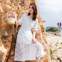 (Shop transformation clearance) White literary lace dress womens long high waist slim island holiday skirt
