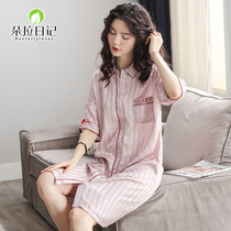 Sleeping Dress Womens Summer Ice Silk Sexy Short Sleeve Cardiovert Sweetness Princess Lady Shirt Pajamas in the middle of a long sleeping robe in silk