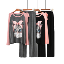 Pajamas Womens autumn Modal casual trousers Long-sleeved cat print home service suit