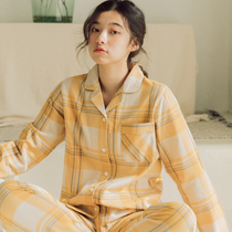 Spring Autumn Pure Cotton Pyjamas Suit Plaid double gauze Long sleeves Long sleeves Long pants shirt collar Home Clothing Buttoned pyjamas thin summer