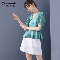 Sasu Ni V-collar coat women 2021 new fashion fashion fashion summer short sleeve ruffle temperament blue 11517